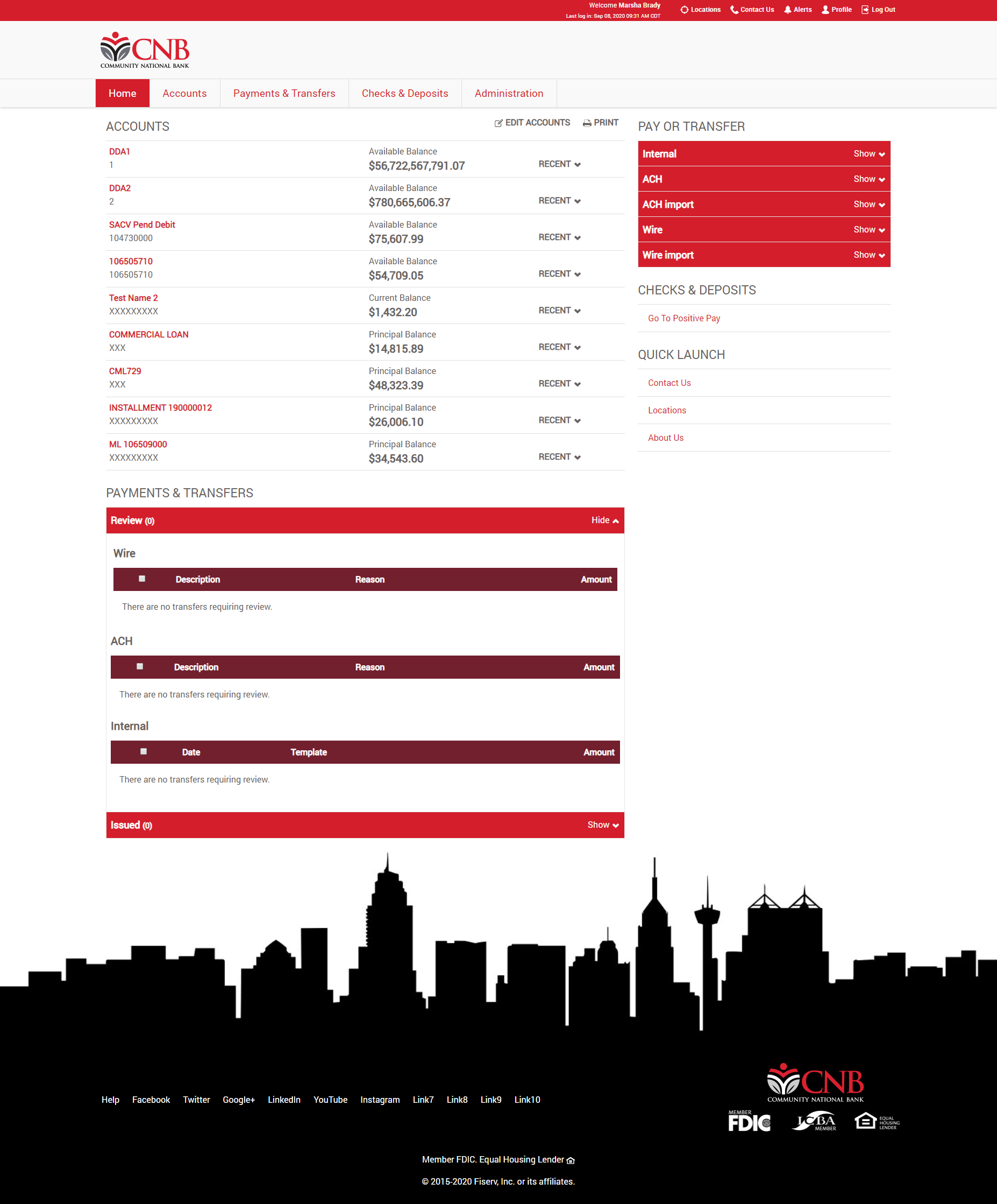 Screenshot of Community National Bank's Business Online Banking Home Page