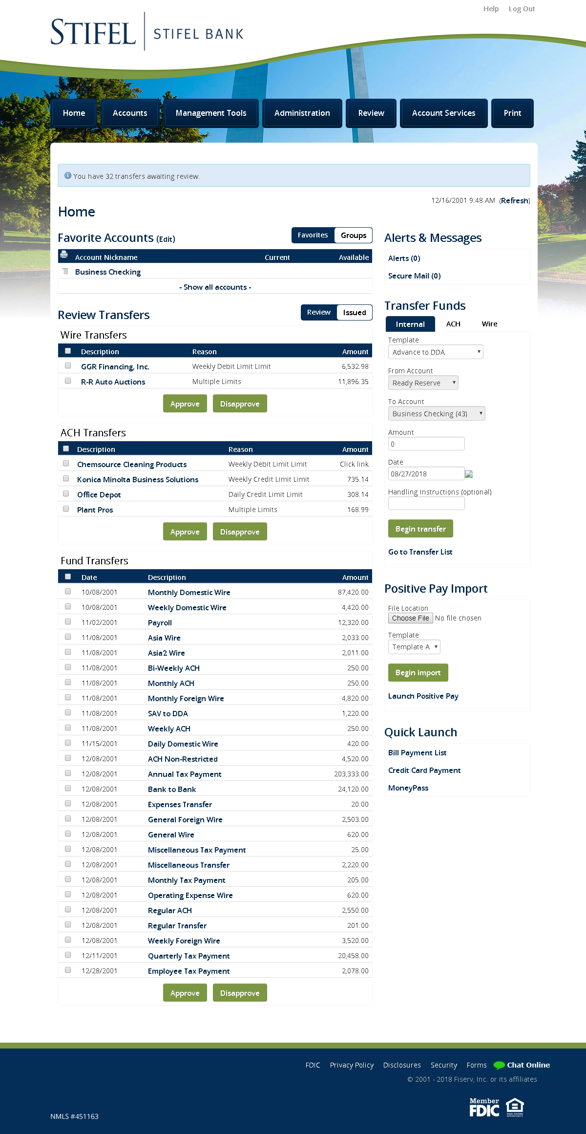 Screenshot of Stifle Bank's Business Online Banking Home Page