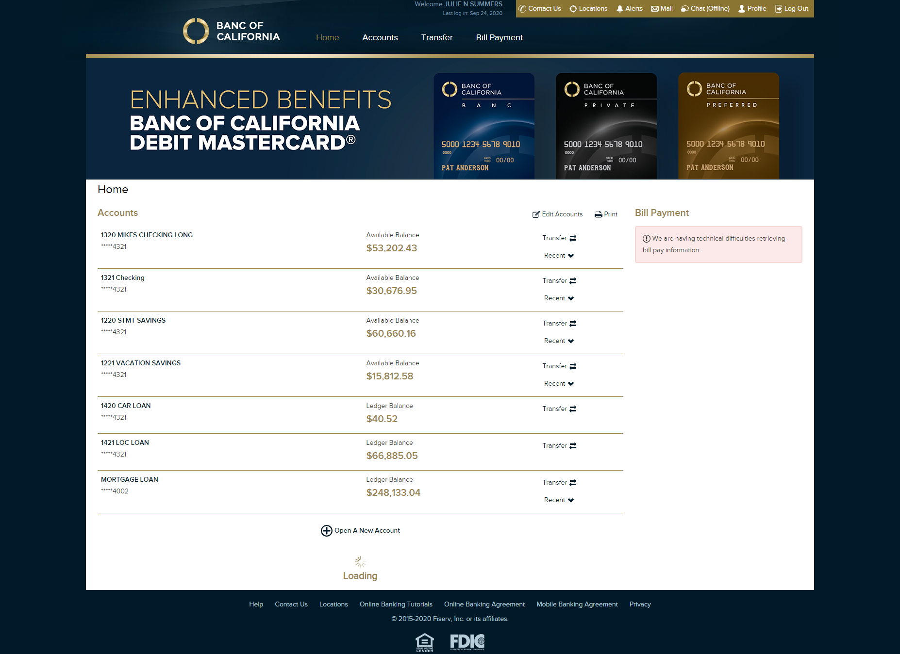 Screenshot of Banc of California's Retail Online Banking Home Page
