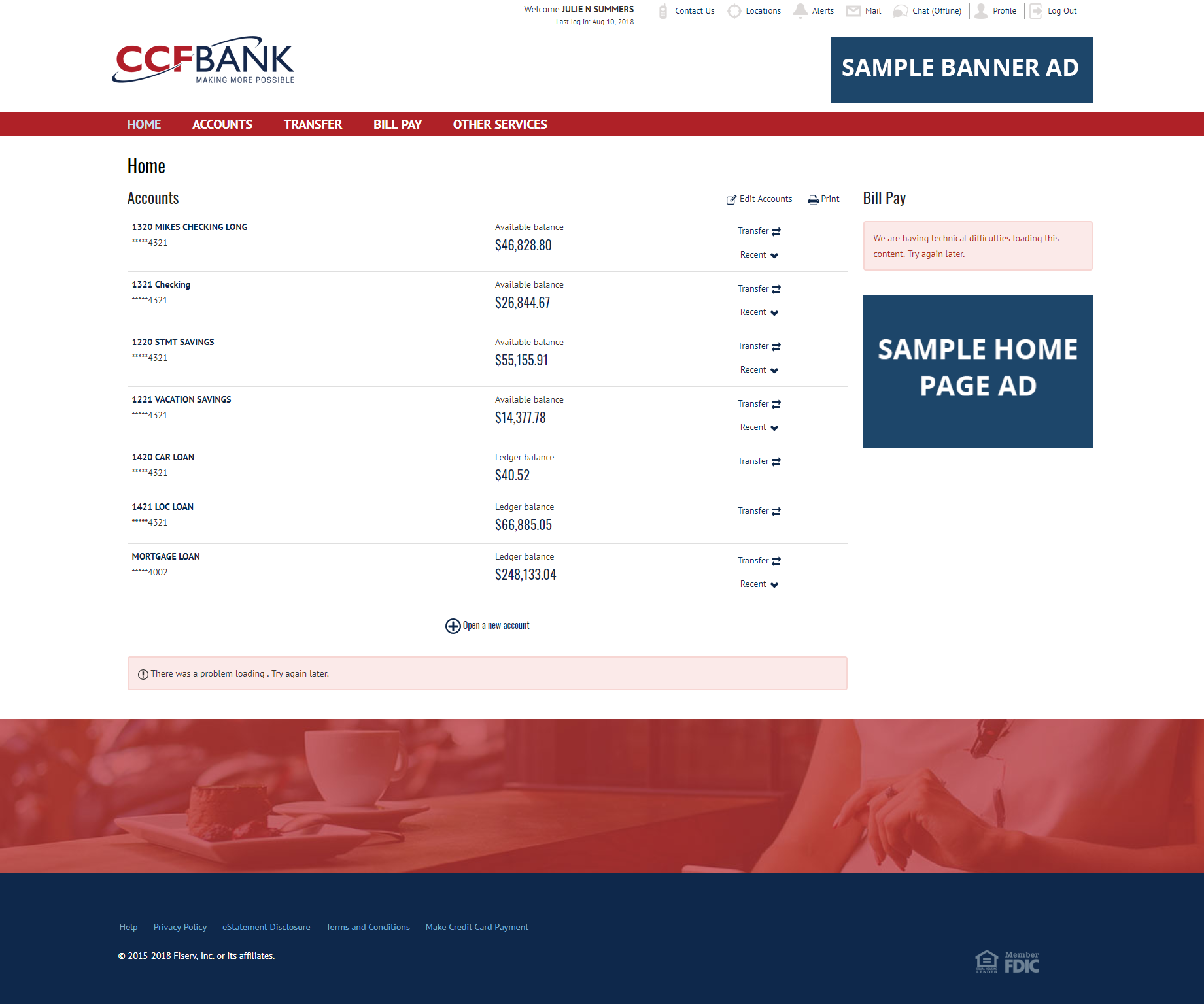 Screenshot of CCFBank's Retail Online Banking Home Page