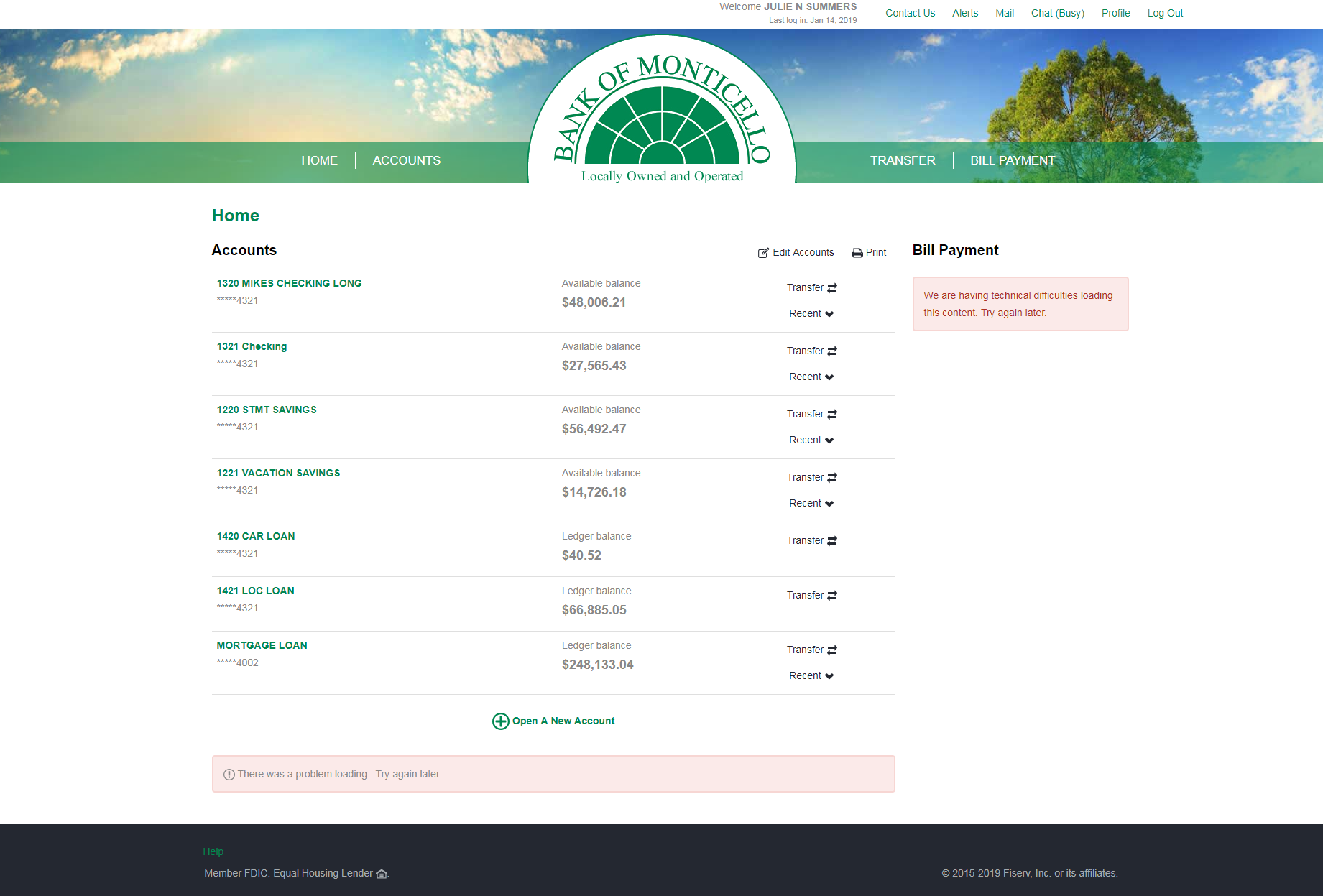 Screenshot of Bank of Monticello's Retail Online Banking Home Page